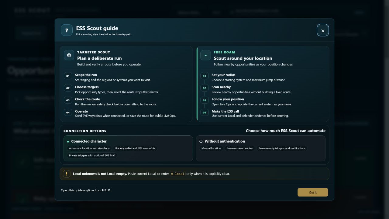 ESS Scout opening guide showing Targeted Scout, Free Roam and connection options.