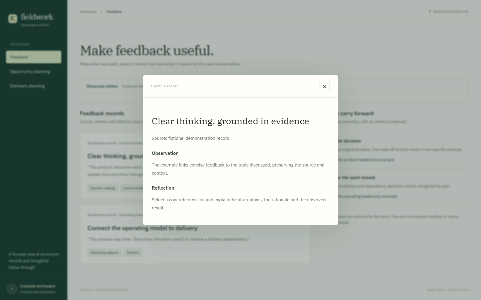 Fieldwork fictional feedback detail showing separate observation and reflection sections.